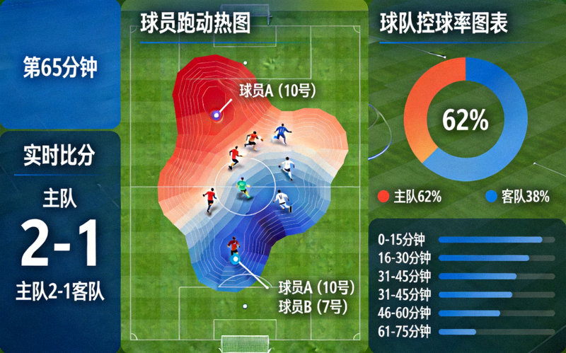 体育数据统计可视化面板 - 显示实时比分、球员跑动热图及球队控球率图表
